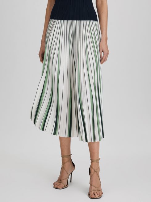 Reiss Green/Cream Saige Pleated Striped Midi Skirt