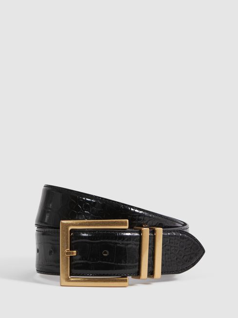 Reiss Black Brompton Patent Leather Crocodile Design Belt