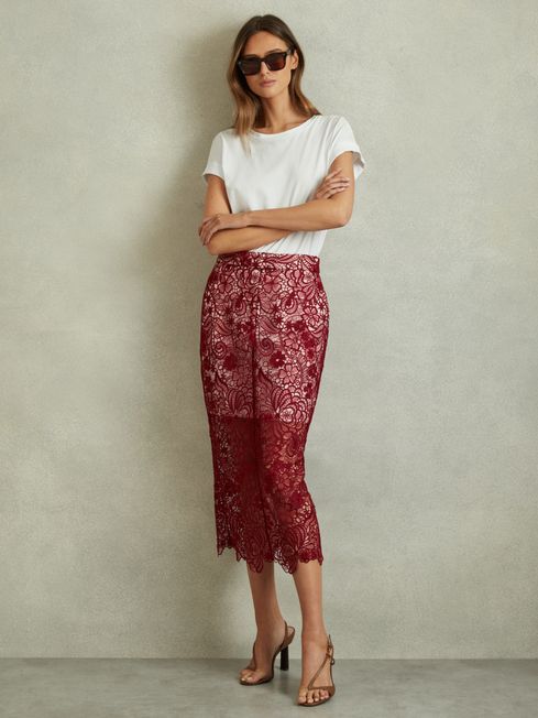 Reiss Burgundy Flo Sheer Lace Midi Pencil Skirt