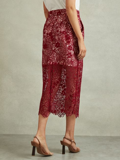 Sheer Lace Midi Pencil Skirt in Burgundy REISS USA