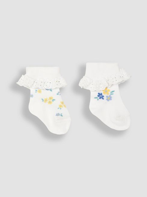 JoJo Maman Bébé White Floral 2-Pack Frilly Socks