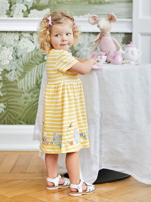 JoJo Maman Bébé Yellow Bunny Stripe Appliqué Button Front Jersey Dress