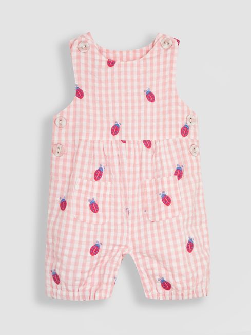 JoJo Maman Bébé Pink Ladybird Embroidered Gingham Dungarees