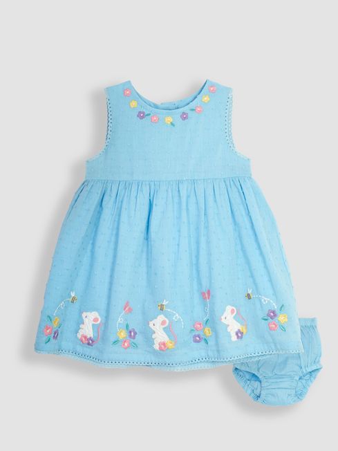 JoJo Maman Bébé Blue Mouse Floral Embroidered Baby Dress