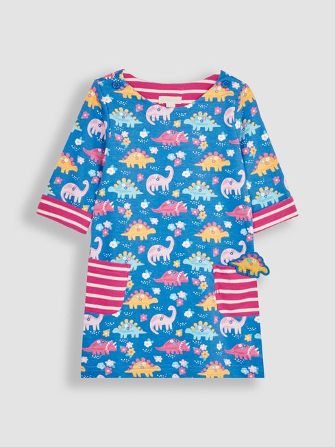 JoJo Maman B b Cobalt Blue Floral Dinosaur A Line Jersey Dress With Pet In Pocket