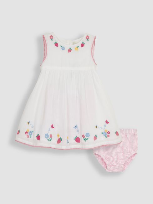 JoJo Maman Bébé White Strawberry Embroidered Baby Dress