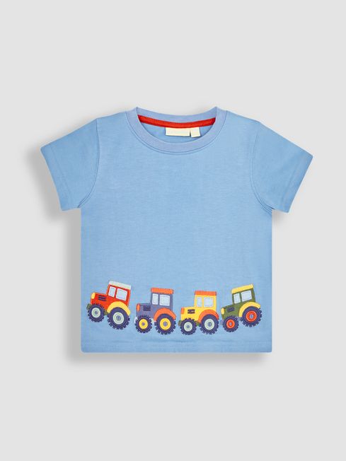 JoJo Maman Bébé Blue Tractor Appliqué Border T-Shirt