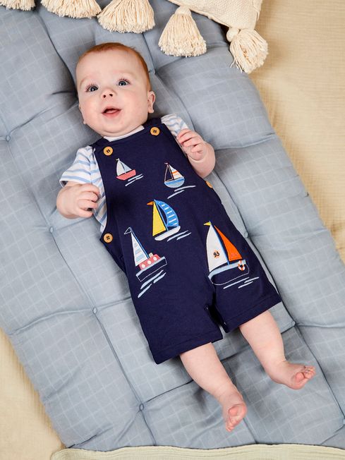 JoJo Maman Bébé Navy Blue Boat Appliqué Short Dungarees & T-Shirt Set