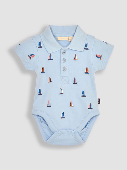 JoJo Maman Bébé Blue Sailboat Embroidered Polo Shirt Bodysuit