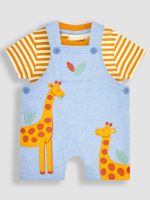 JoJo Maman Bébé Blue Giraffe Appliqué Short Dungarees & T-Shirt Set