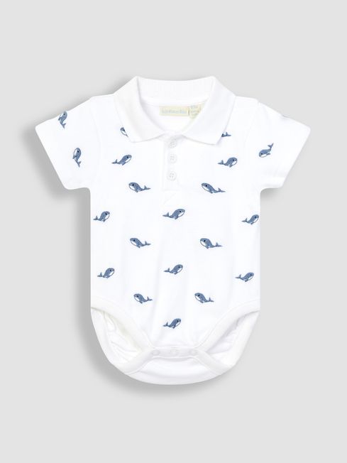 JoJo Maman Bébé White Whale Embroidered Polo Shirt Bodysuit