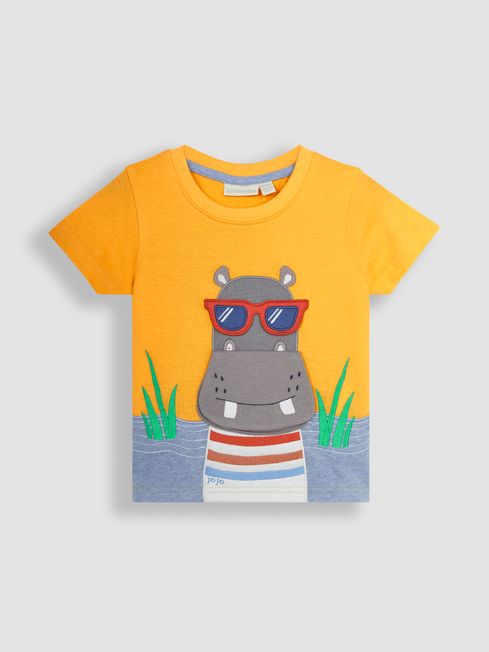 JoJo Maman Bébé Yellow Hippo Interactive Appliqué T-Shirt