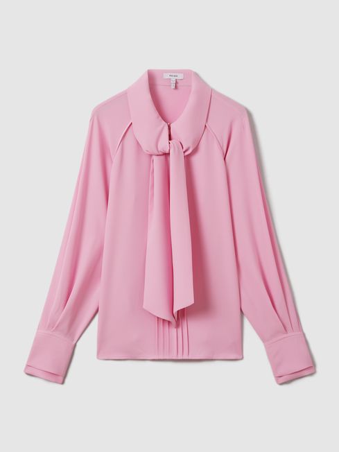 Tie Neck Zip Front Blouse in Pink REISS Canada