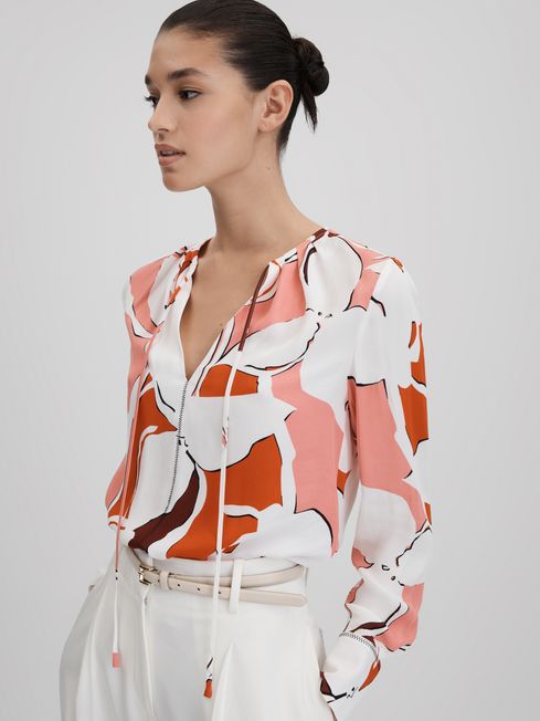 Reiss Cream/Red Tess Printed Tie Neck Blouse