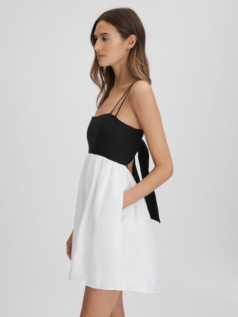 Reiss Black/White Hadley Linen Colourblock Mini Dress