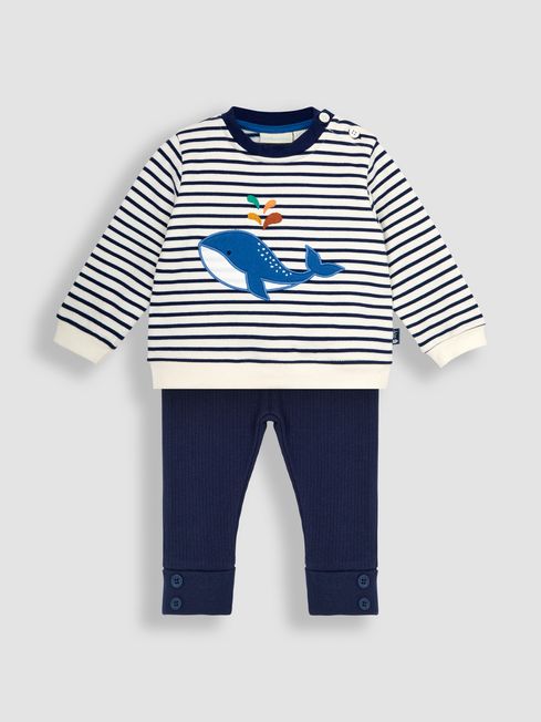 JoJo Maman Bébé Ecru Navy Stripe Whale Appliqué Jersey Sweatshirt & Leggings Set