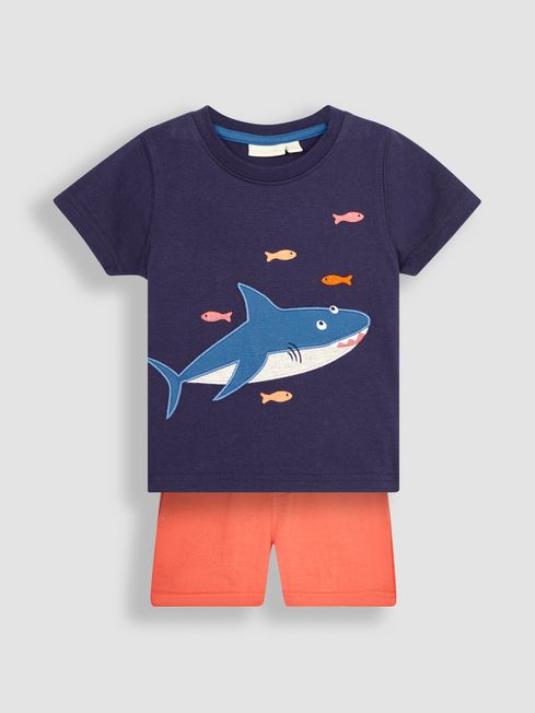 JoJo Maman Bébé Navy Blue Shark Appliqué T-Shirt & Shorts Set