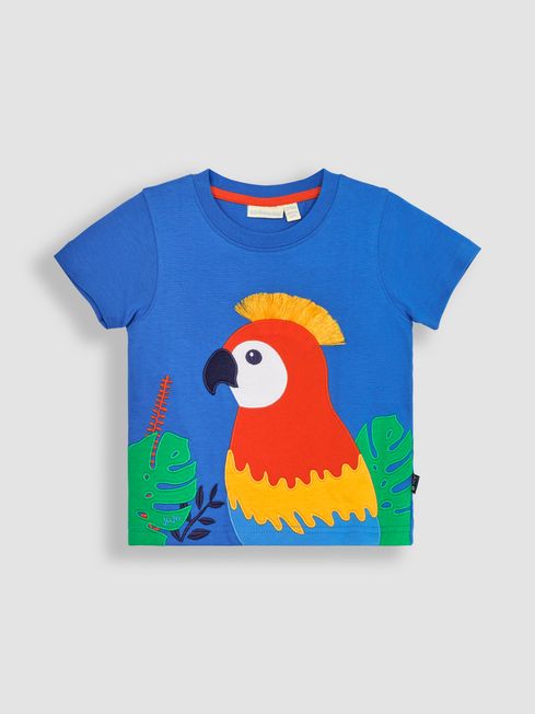 JoJo Maman Bébé Cobalt Tropical Bird Interactive Appliqué T-Shirt