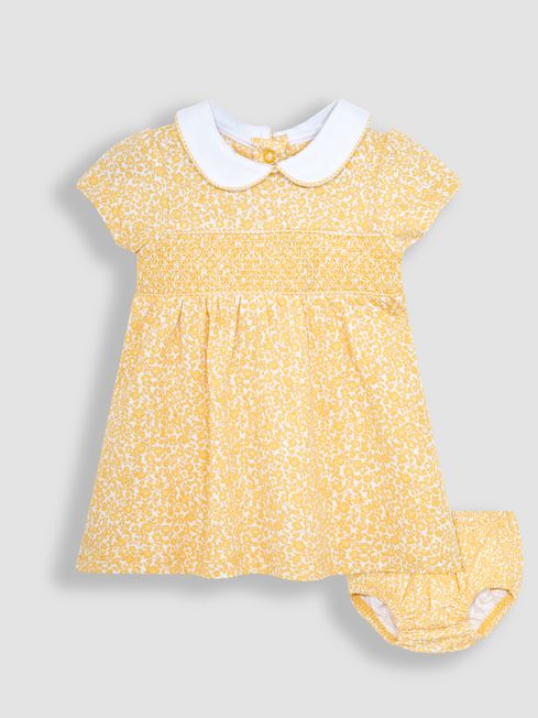 JoJo Maman Bébé Yellow Ditsy Floral Smocked Jersey Dress