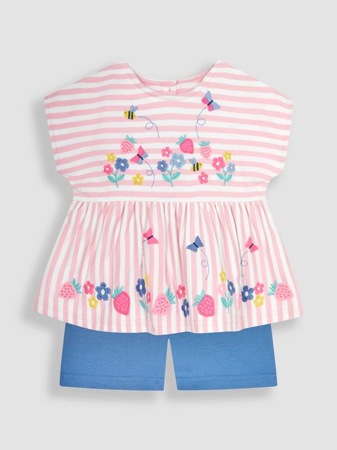 JoJo Maman Bébé Pink 2-Piece Strawberry Appliqué T-Shirt & Shorts Set