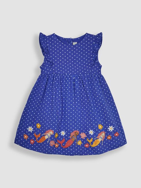 JoJo Maman Bébé Blue Mermaid Appliqué Frill Shoulder Pretty Summer Jersey Dress