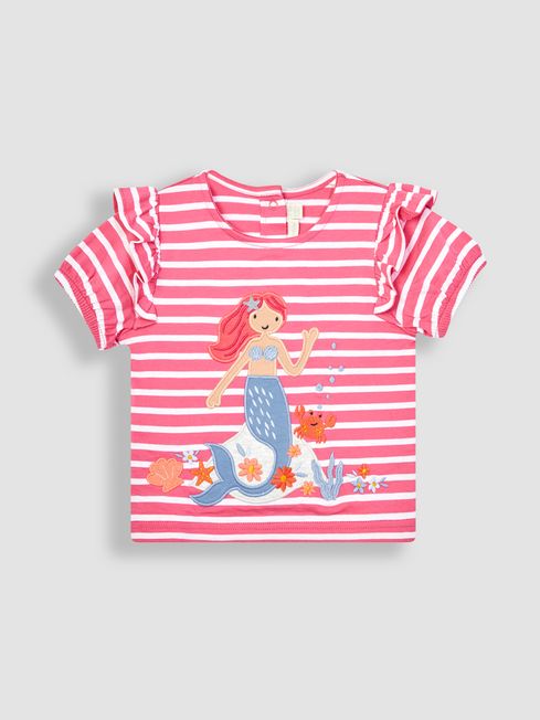 JoJo Maman Bébé Raspberry Pink Mermaid Appliqué Frill Sleeve T-Shirt