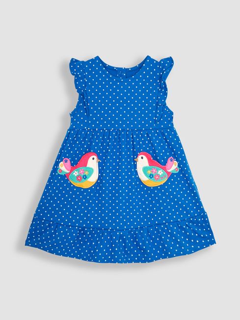 JoJo Maman Bébé Blue Bird Appliqué Frill Shoulder Pretty Summer Jersey Dress