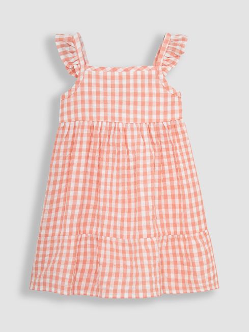 JoJo Maman Bébé Orange Gingham Frill Shoulder Tiered Dress