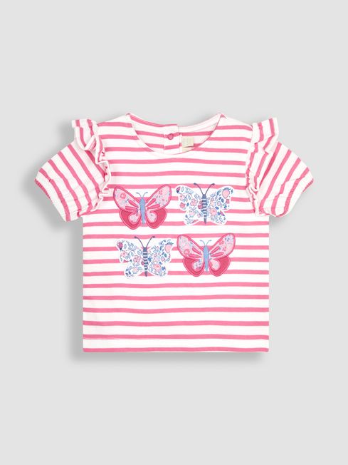JoJo Maman Bébé Pink Butterfly Appliqué Frill Sleeve T-Shirt