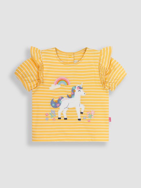 JoJo Maman Bébé Yellow Unicorn Appliqué Frill Sleeve T-Shirt