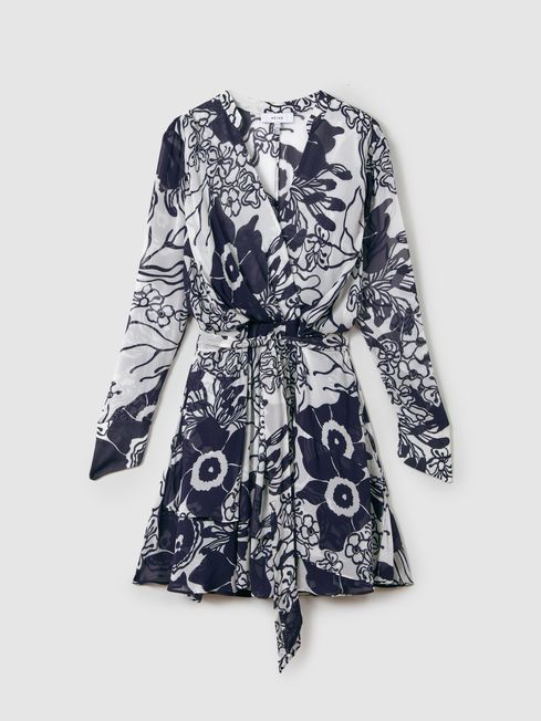 Printed Belted Mini Dress in Navy Cream REISS USA