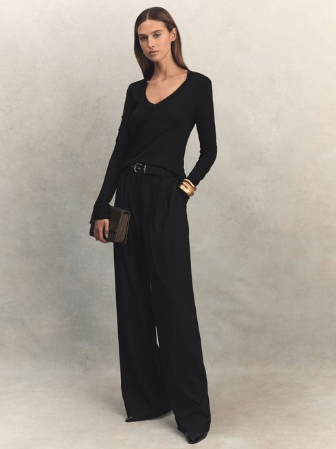 Reiss Black Brady Jersey V-Neck Top