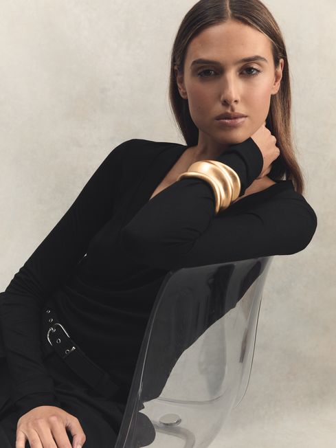 Reiss Black Brady Jersey V-Neck Top