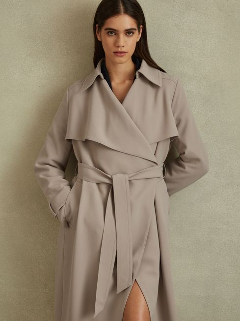 Reiss Mink Neutral Etta Petite Double Breasted Belted Trench Coat