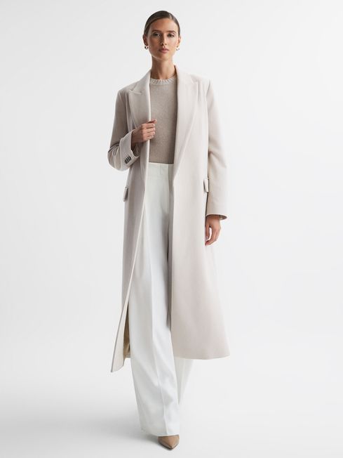 Reiss Neutral Lila Wool Blend Double Breasted Longline Coat