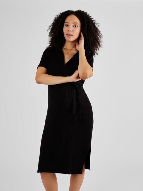 JoJo Maman Bébé Black Collared Ribbed Knitted Maternity Dress
