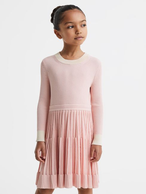Reiss Pink Teagan Senior Ribbed Fit-and-Flare Dress