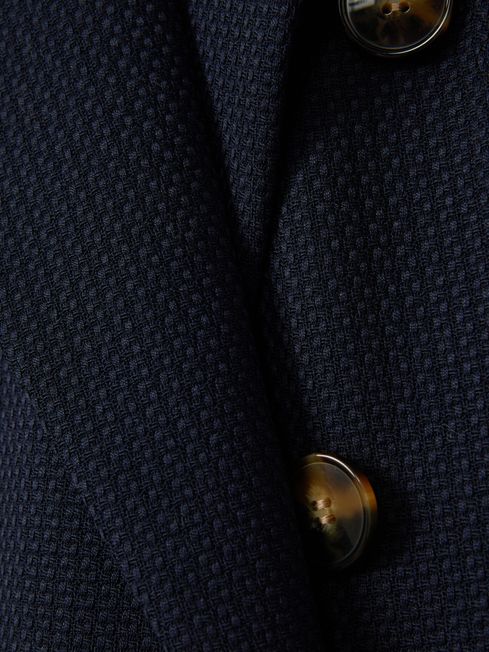 Tailored Textured Wool Blend Double Breasted Blazer in Navy