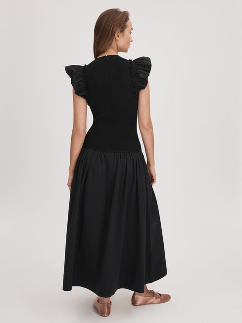 Florere Ruffle Sleeve Midi Dress in Black