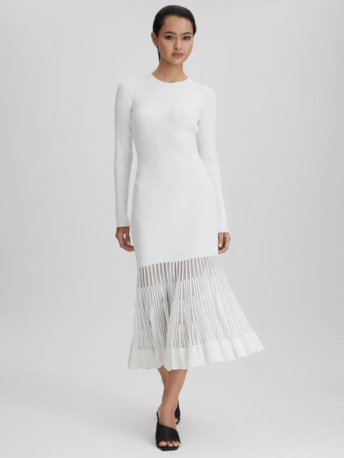 Reiss Cream Tasmin Knitted Sheer Flared Midi Dress