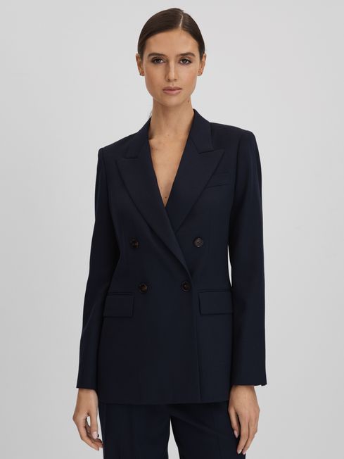Reiss Navy Harley Wool Blend Double Breasted Suit Blazer