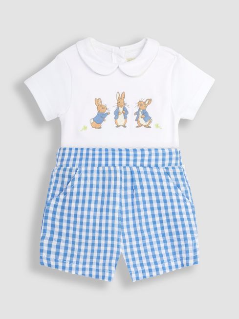 JoJo Maman Bébé White 2-Piece Peter Rabbit Embroidered Bodysuit & Shorts Set