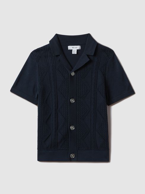 Reiss Navy Fortune Teen Cable Knit Cuban Collar Shirt