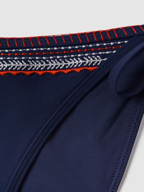 Embroidered Side Tie Bikini Bottoms in Navy/Red