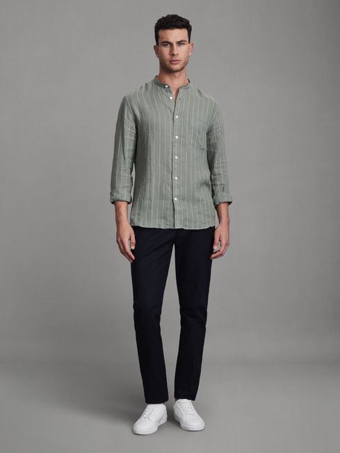 Reiss Sage Stripe Ocean Linen Grandad Collar Shirt