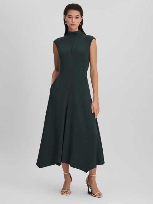 Reiss Dark Green Libby Fitted Asymmetric Midi Dress