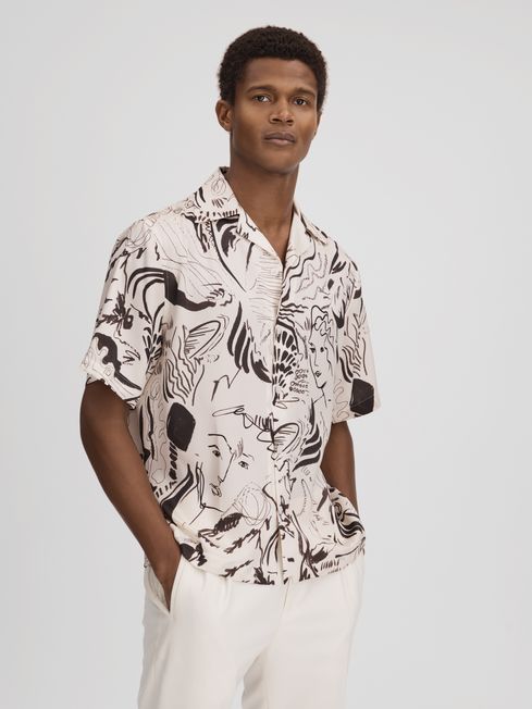 Reiss Black/White Epoque Sketch Design Cuban Collar Shirt