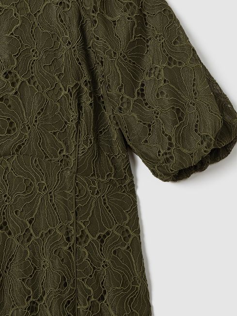 Florere Lace Puff Sleeve Midi Dress in Dark Khaki