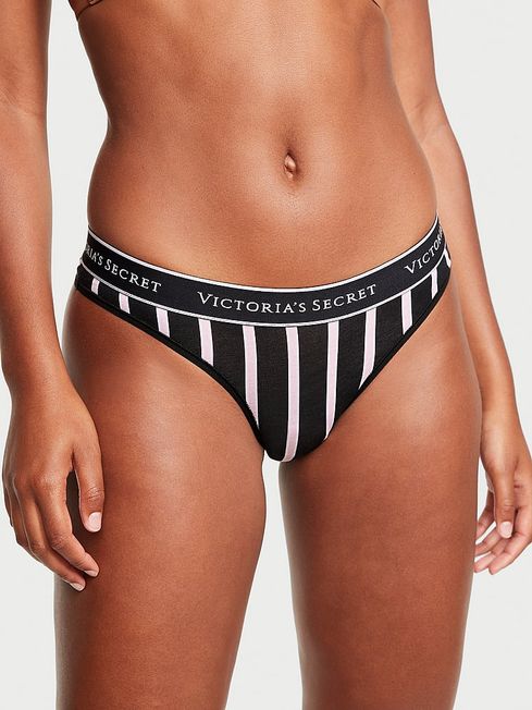 Victoria's Secret Black Classic Stripe Thong Logo Knickers