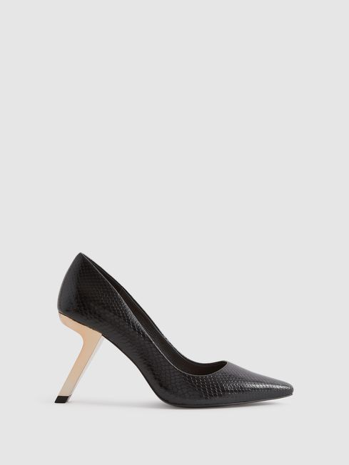 Reiss Black Monroe Leather Angled Heel Court Shoes